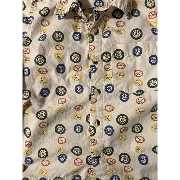 Hanna Andersson 4T Button Up Shirt Circles Wheels Beige Colorful 100% Cotton - Picture 3 of 7